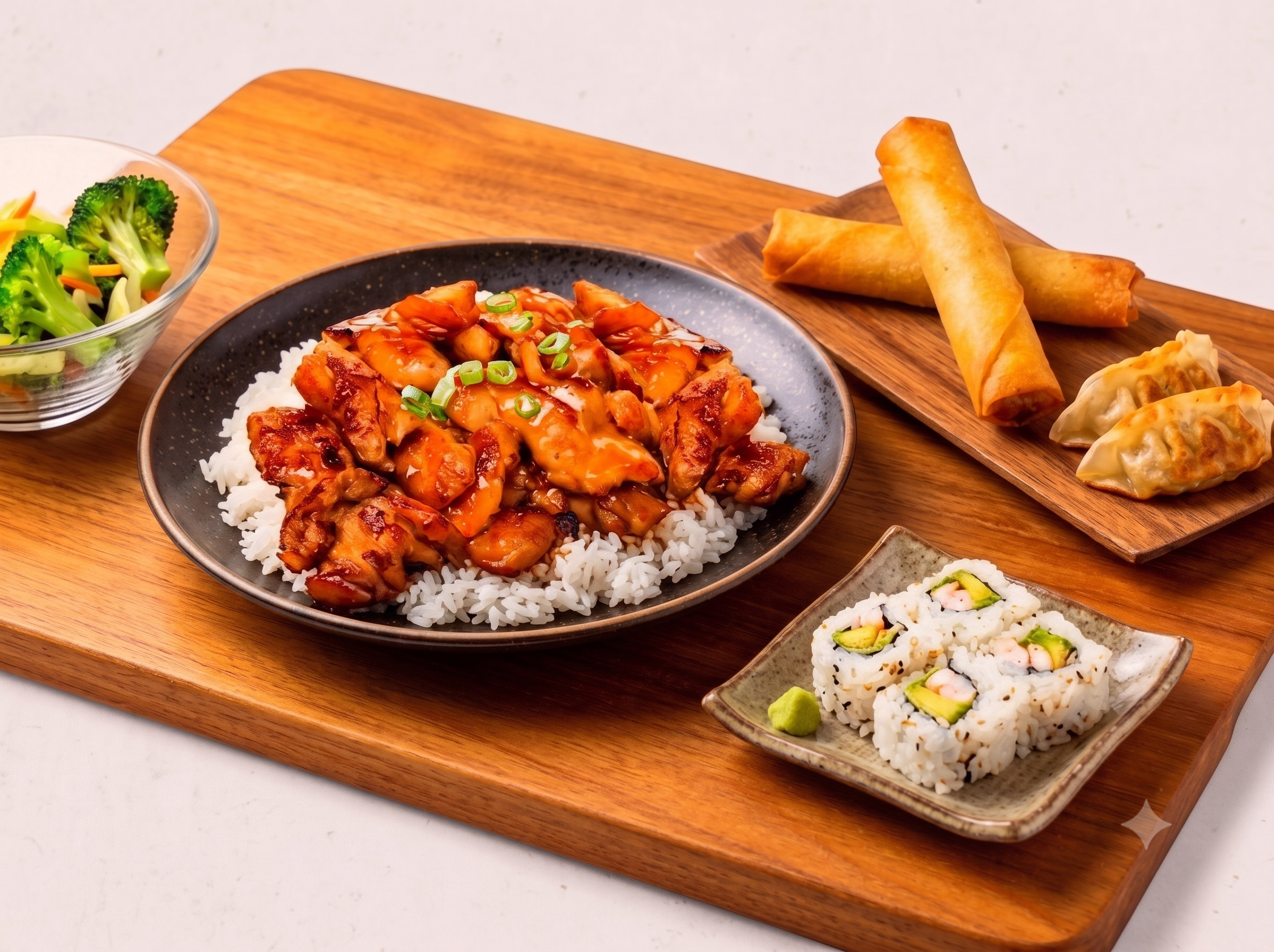 A wooden platter with a bowl of broccoli salad, a bowl of chopped salad, a plate of Asian chicken over rice, and a wooden tray of spring rolls, egg rolls, and sushi rolls.