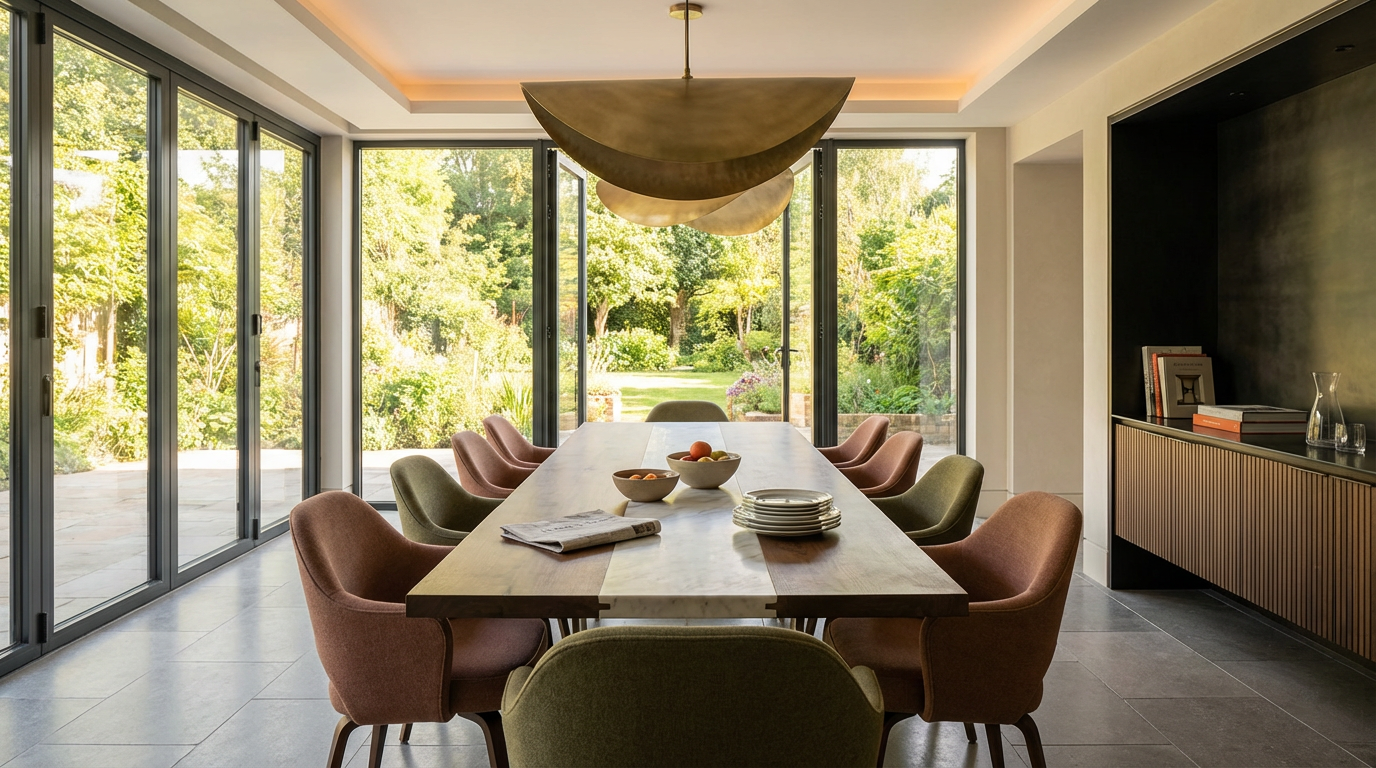 Modern dining room with large windows showing a lush garden, a wooden dining table with eight upholstered chairs, bowls of fruit, a newspaper, and a sleek sideboard with books and glassware.