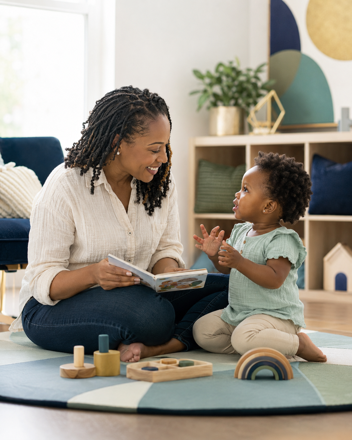 A mother and young child sharing a book and communicating through play.