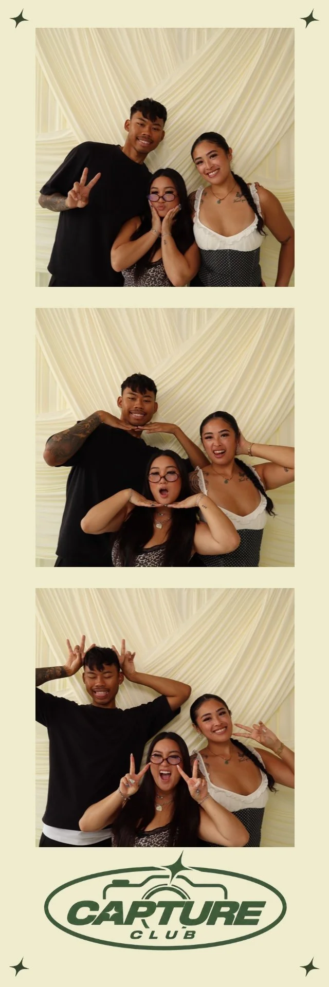 A collage of three photos showing three young people posing together, making playful gestures, with a backdrop of cream-colored draped fabric. The bottom of the collage features a logo for Capture Club.