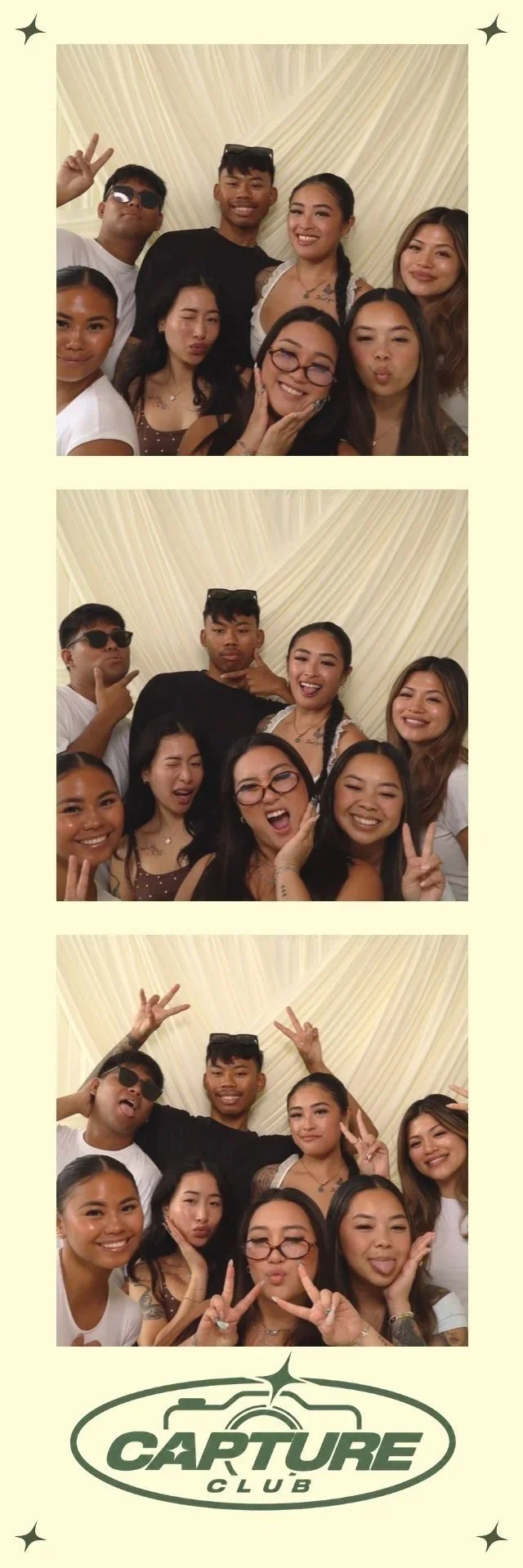 Group of seven young friends taking a series of playful photo booth pictures in front of a cream-colored draped background, with a Capture Club logo at the bottom.