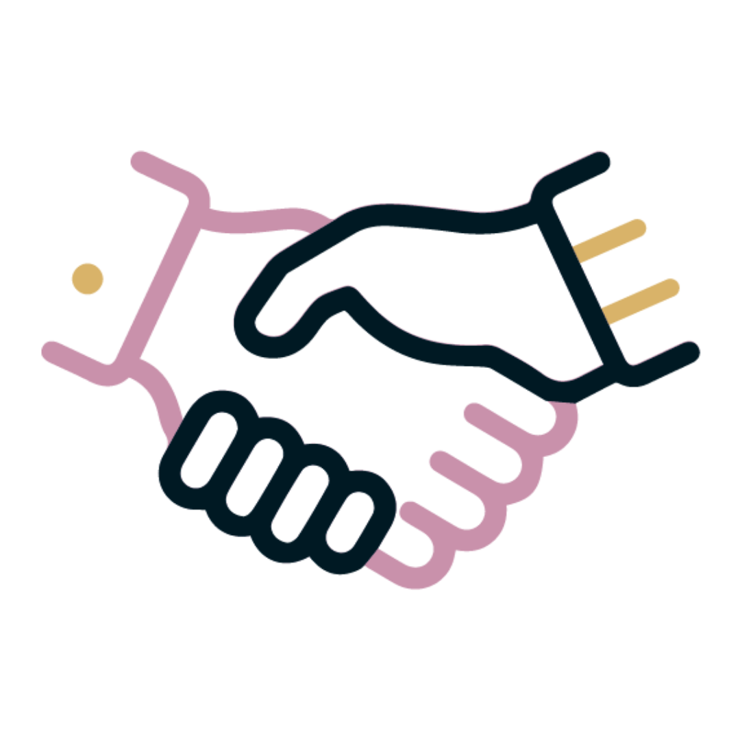 Illustration of a handshake with a Neumann microphone symbol above it, representing agreement or collaboration in broadcasting or audio production.