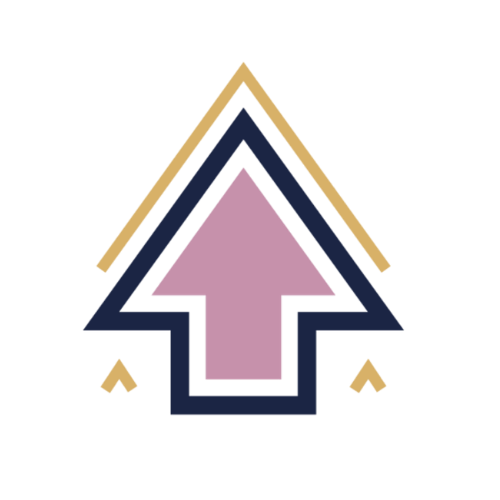 Graphic of an upward-pointing arrow within multiple colorful outlines on a black background.