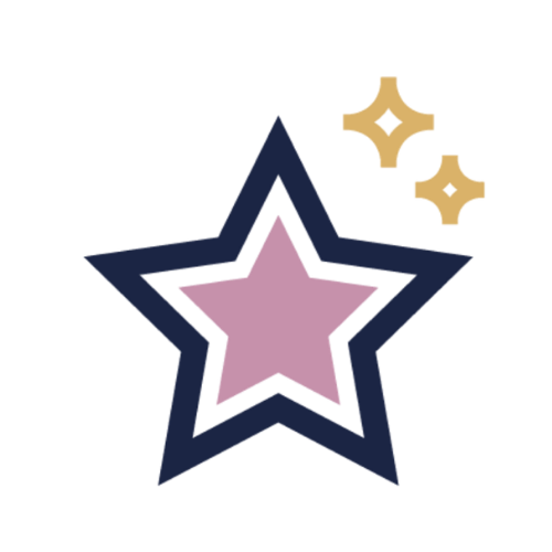A graphic of a large purple star with a dark blue outline, decorated with two smaller gold sparkling stars.