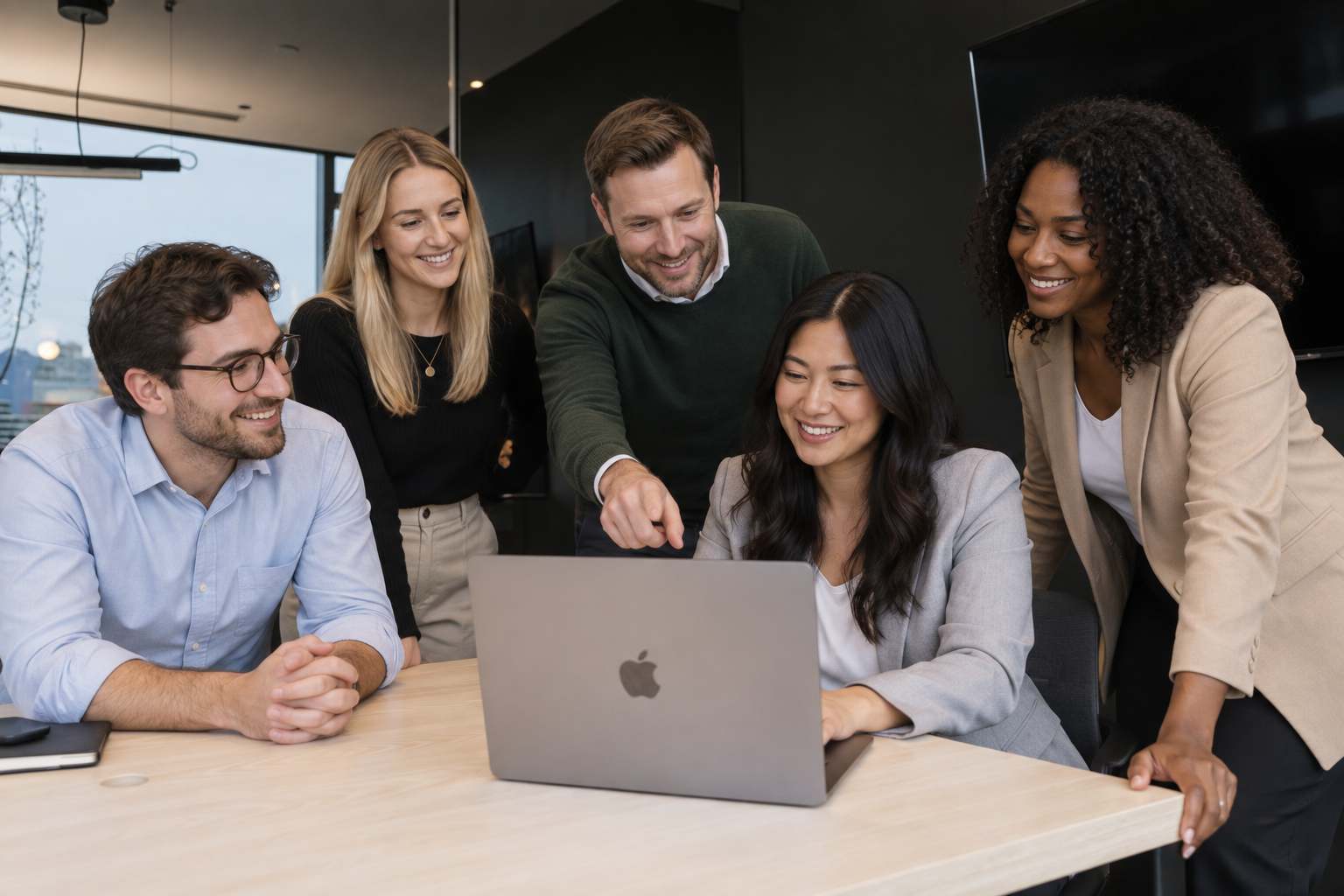 Group of five diverse professionals gathered around a laptop, smiling and discussing in an office setting.