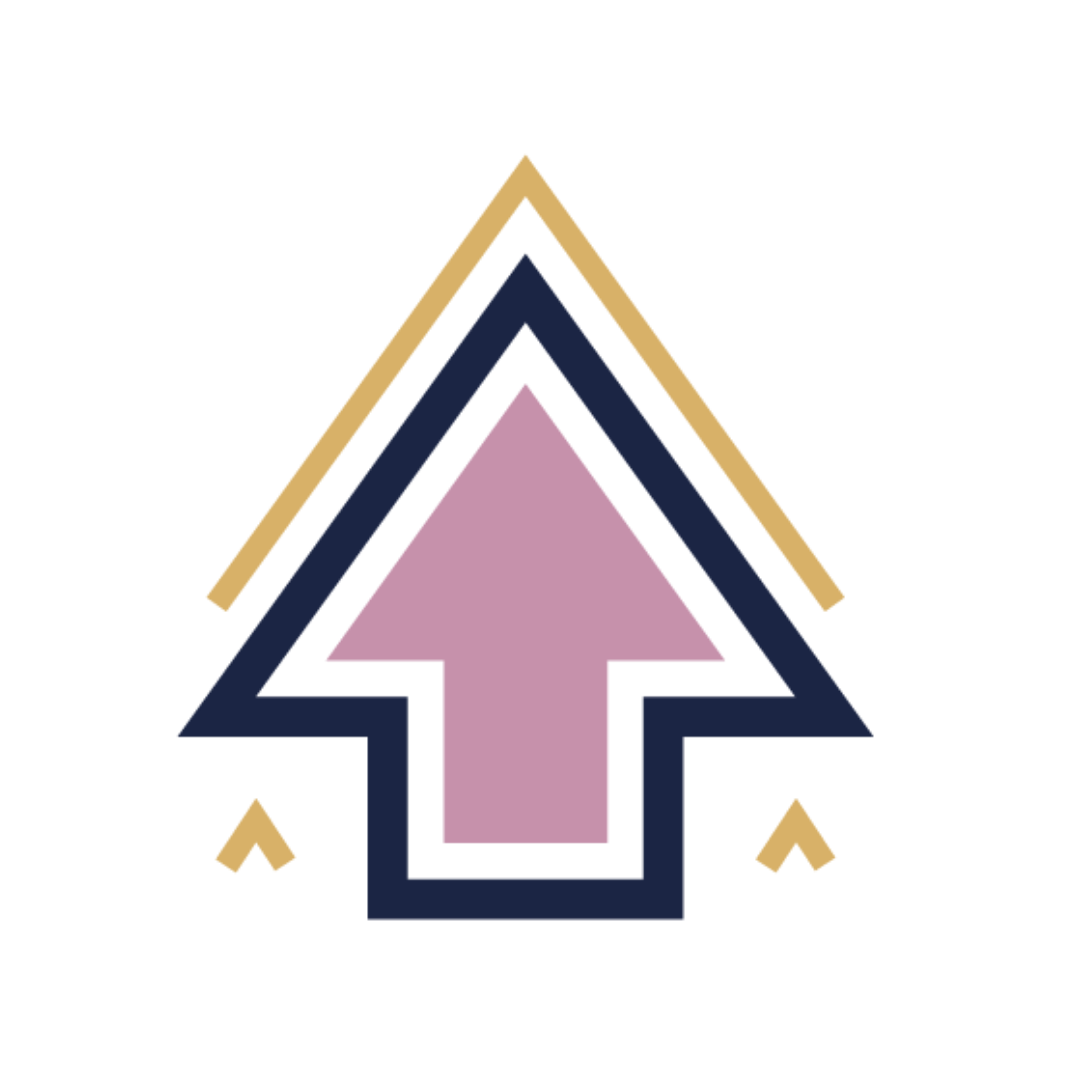 A large upward pointing arrow with a pink fill and a navy blue outline, surrounded by smaller arrows in various colors.
