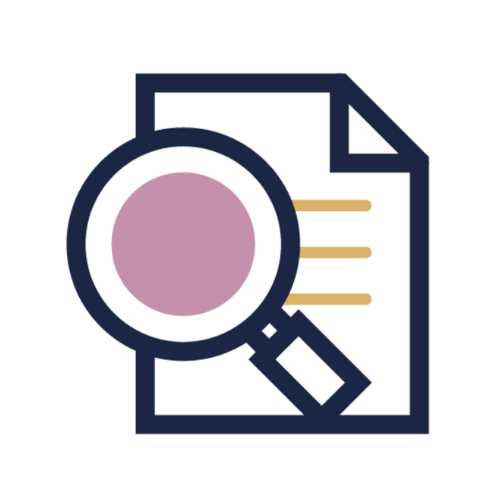 Icon of a magnifying glass over a document with lines, representing search or analysis.