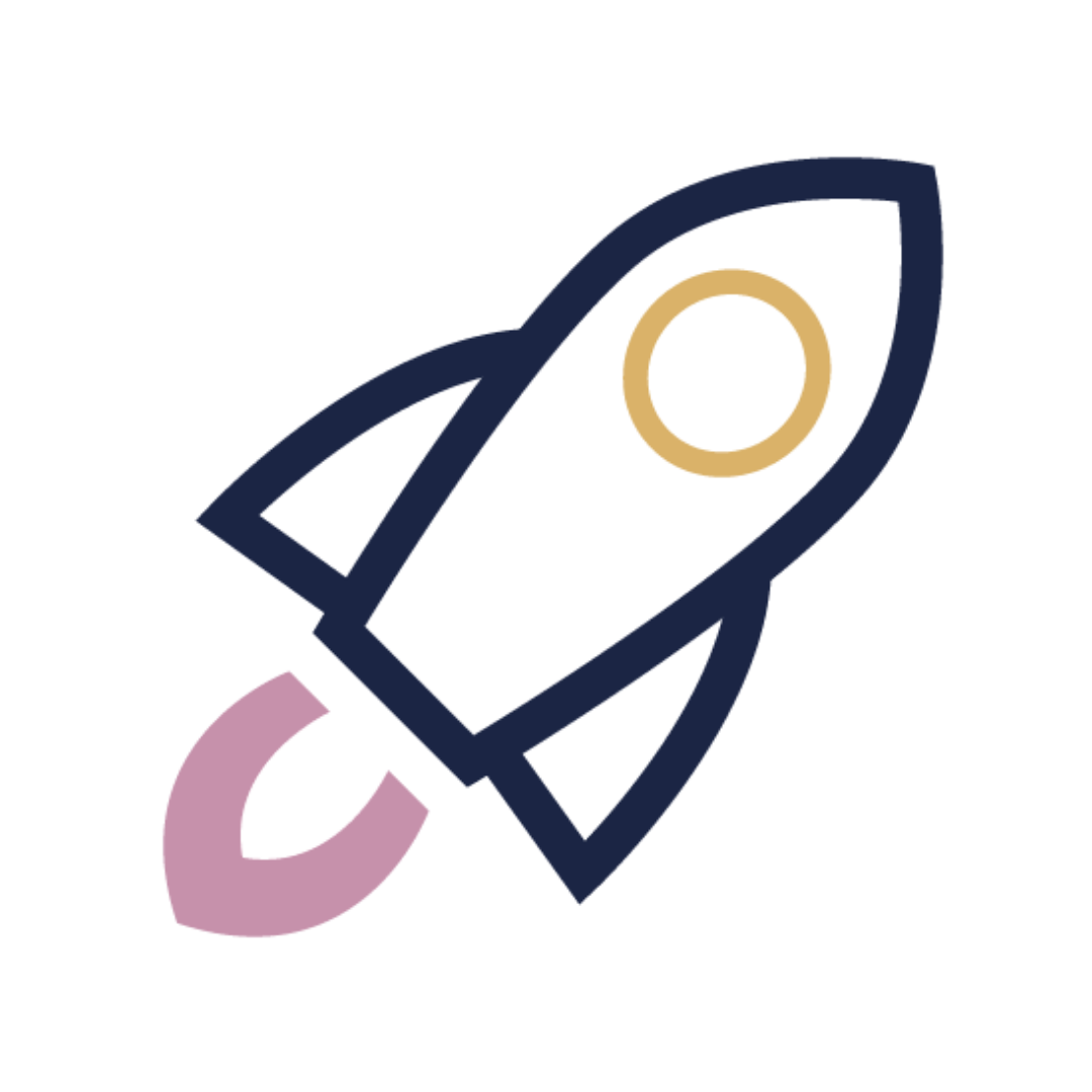 Minimalist illustration of a spaceship taking off with a pink flame, dark blue body, and a light brown circle near the top.