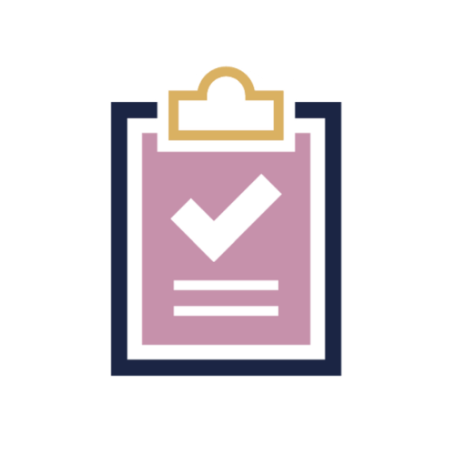 Icon of a clipboard with a checkmark and lines indicating text, with a gold clip at the top.