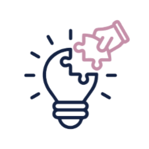 A stylized illustration of a light bulb with a hand and gear inside it, representing ideas and innovation.
