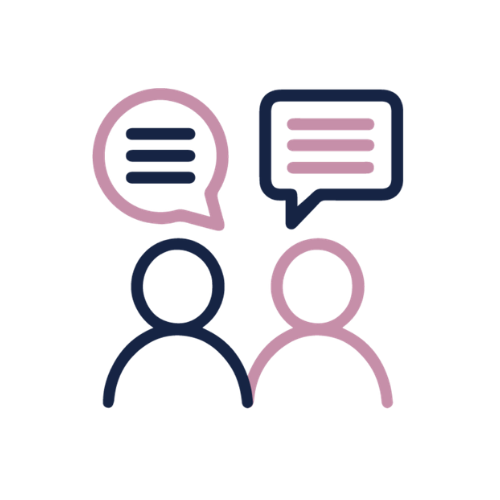 Illustration of two people having a conversation, each with a speech bubble above their heads, one with three lines and the other with four lines.