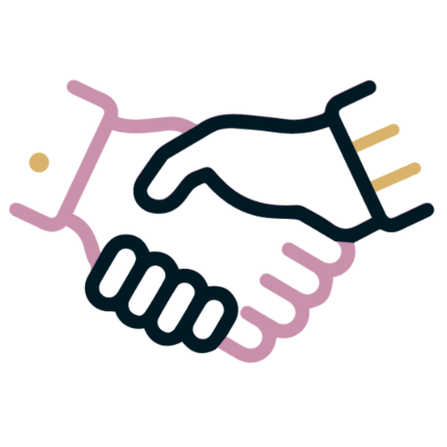 Outline icon of a handshake with a pink person figure in the background.