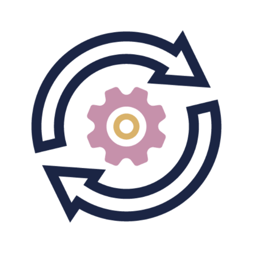 An illustration of a pink gear surrounded by two blue circular arrows, representing a process or cycle.