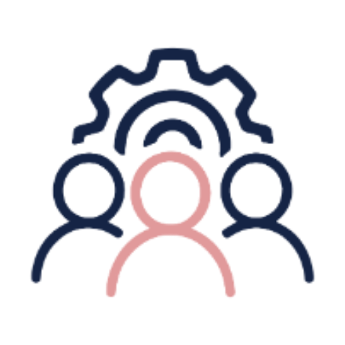 Icon showing a group of people with a gear symbol above them, representing teamwork or collaboration.
