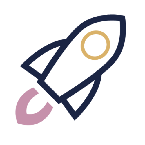 A digital illustration of a spaceship taking off with a pink exhaust flame.