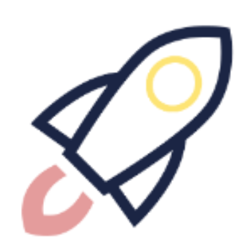 Cartoon rocket ship with a yellow window and pink flame