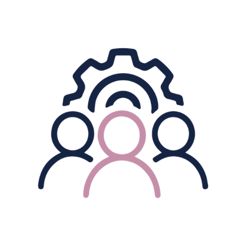 Icon of three people with a gear above and behind them, representing teamwork and collaboration.
