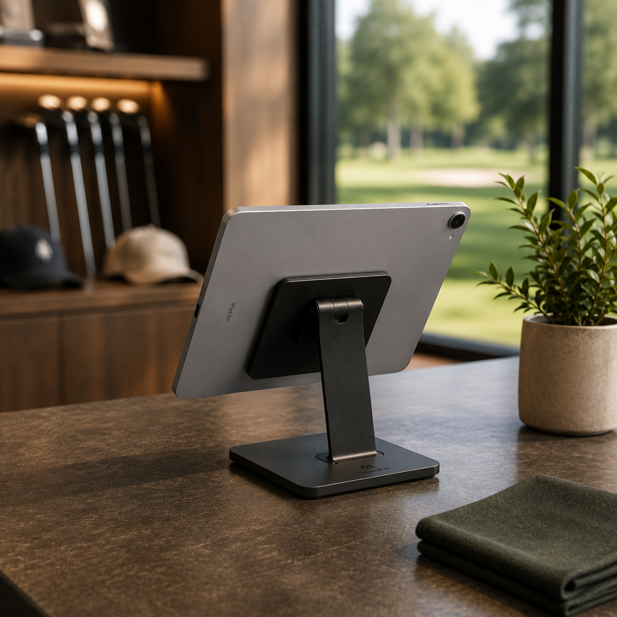 An iPad Air on a stand sits on a wooden desk near a window with a view of green trees. There is a potted plant and folded cloth on the desk, with hats and golf clubs in the background.