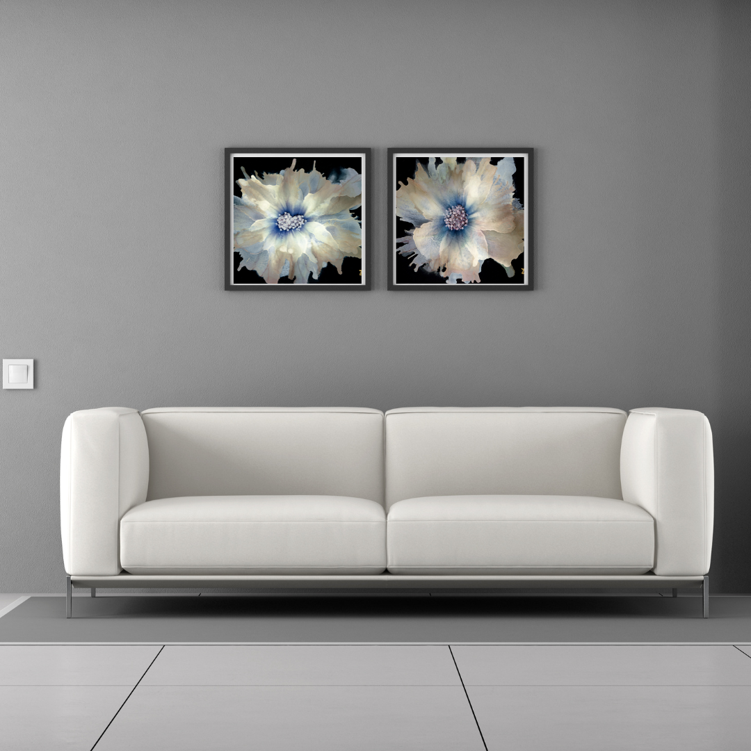 Modern living room with a white sofa and two framed abstract floral artworks displayed together on a gray wall.