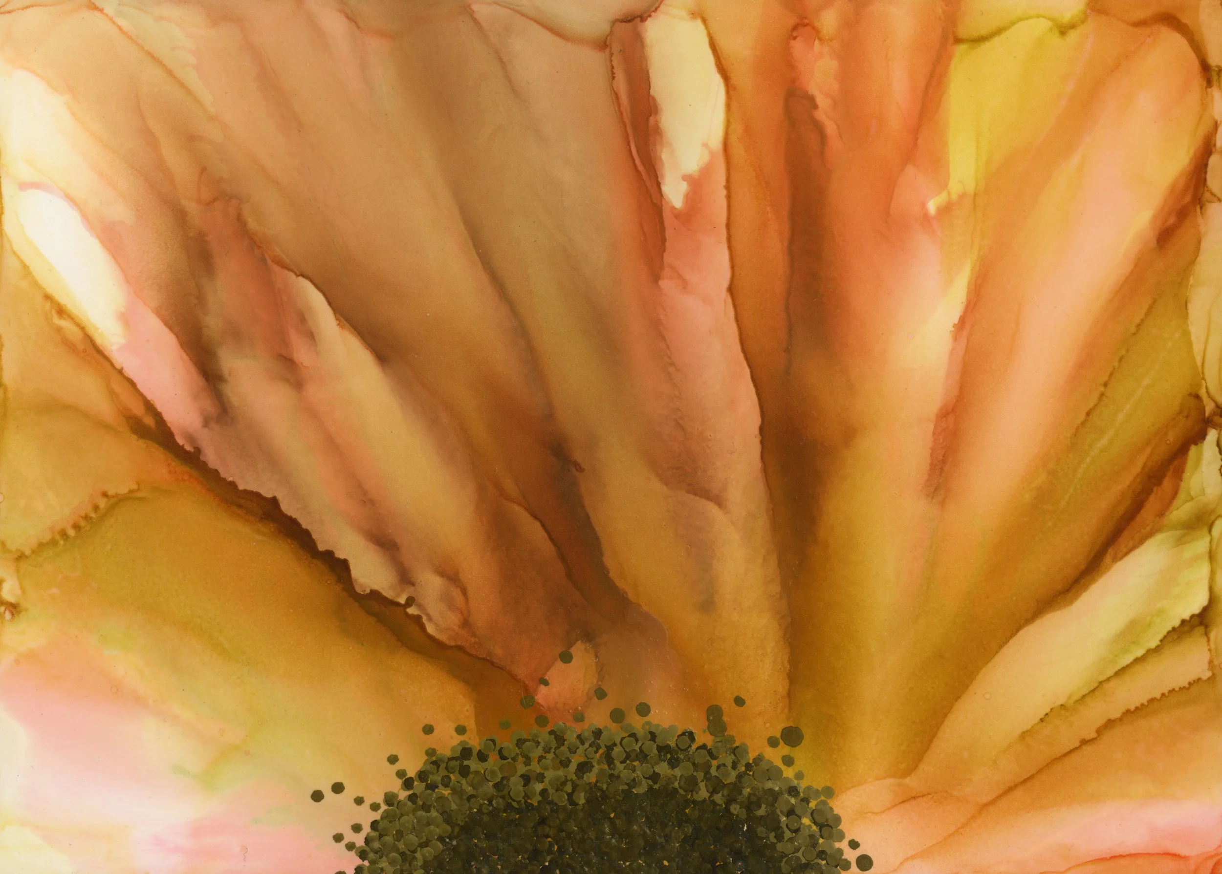 Close-up of orange, yellow, and pink abstract watercolor patterns with scattered black dots at the bottom.
