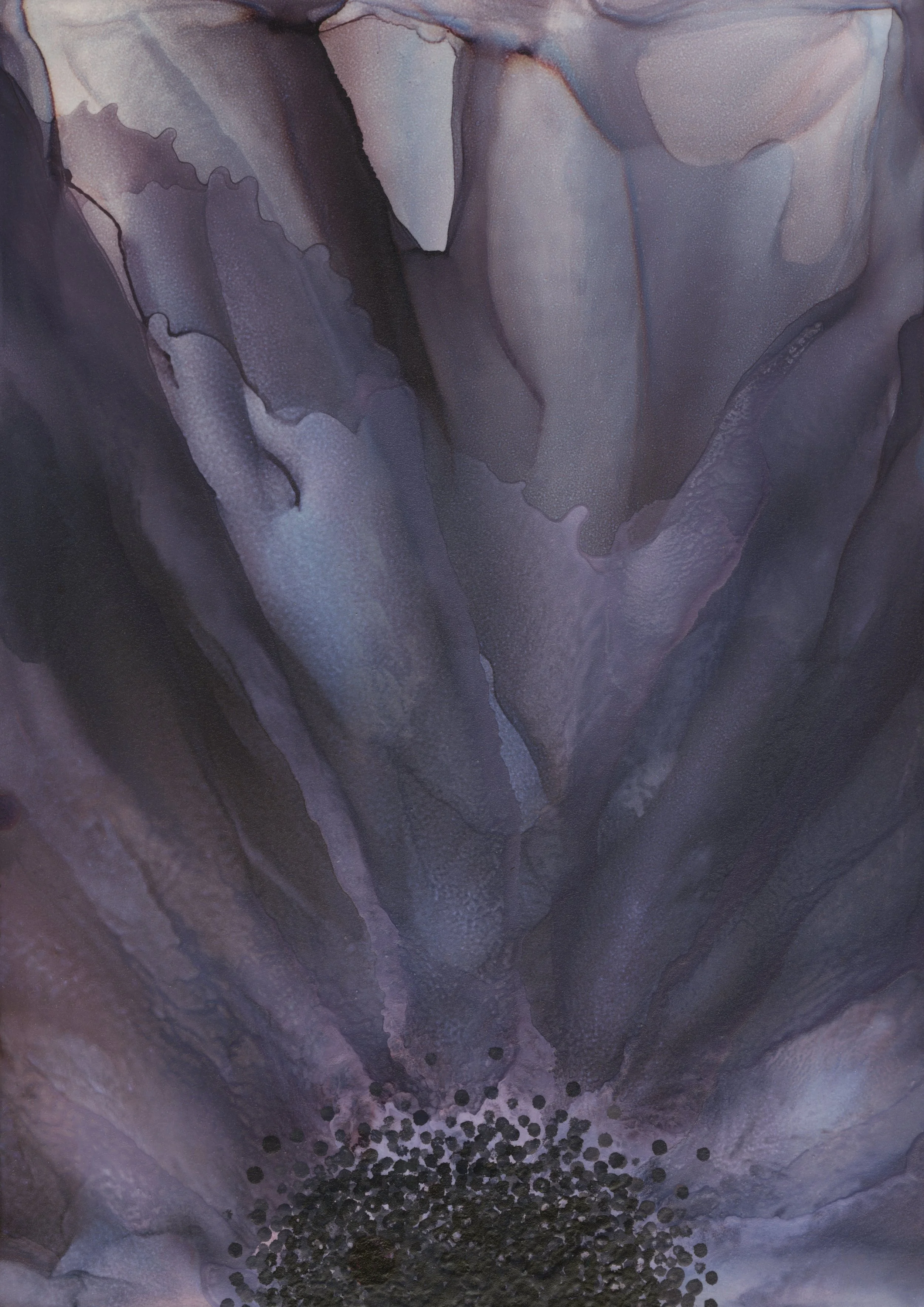 A watercolor painting of a mountainous landscape with dark purple and gray tones, depicting cliffs and valleys with scattered small dark spots at the bottom.
