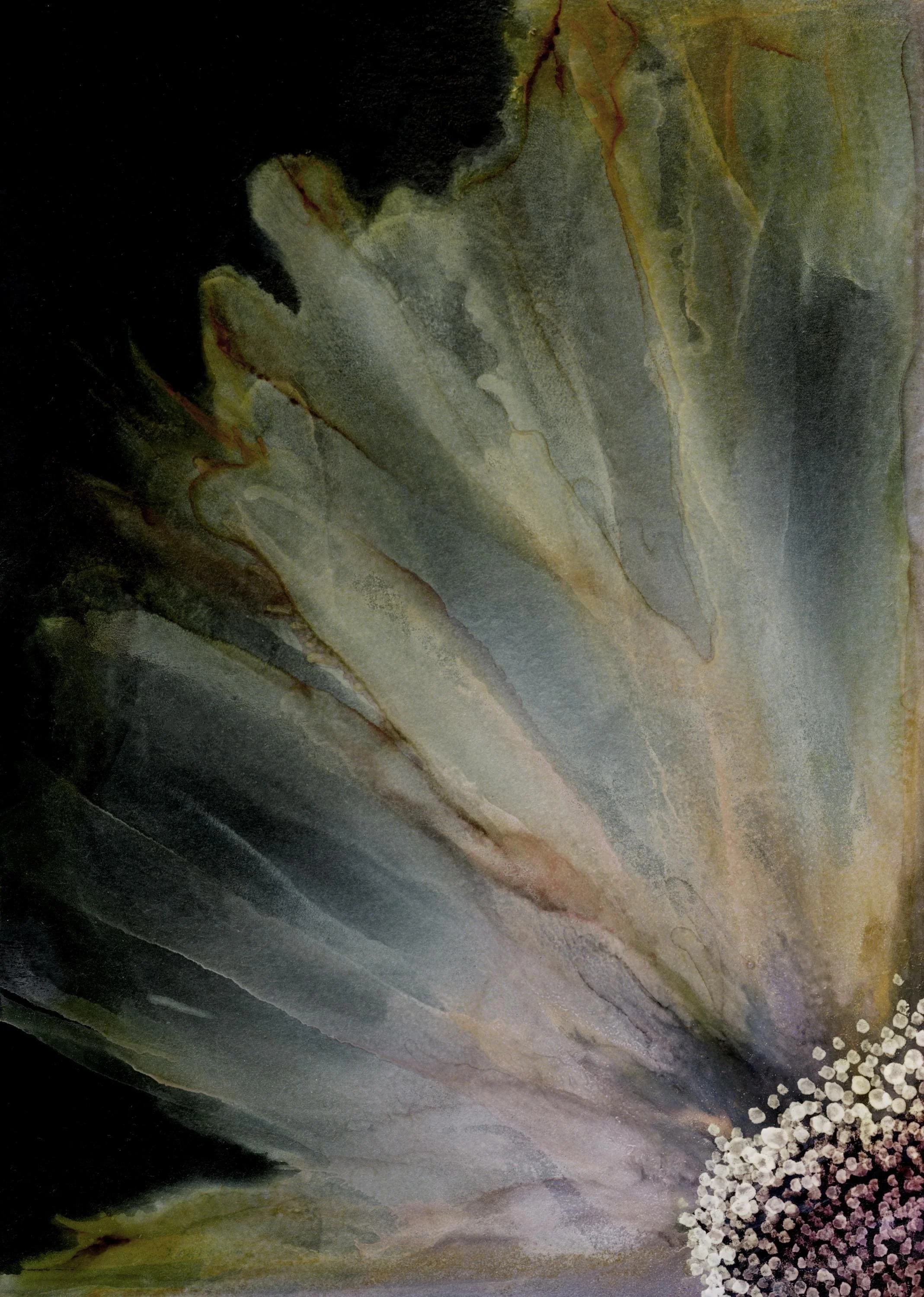 Abstract watercolor painting with flowing dark, green, gray, and beige strokes, accented by a cluster of small white circles in the lower right corner.