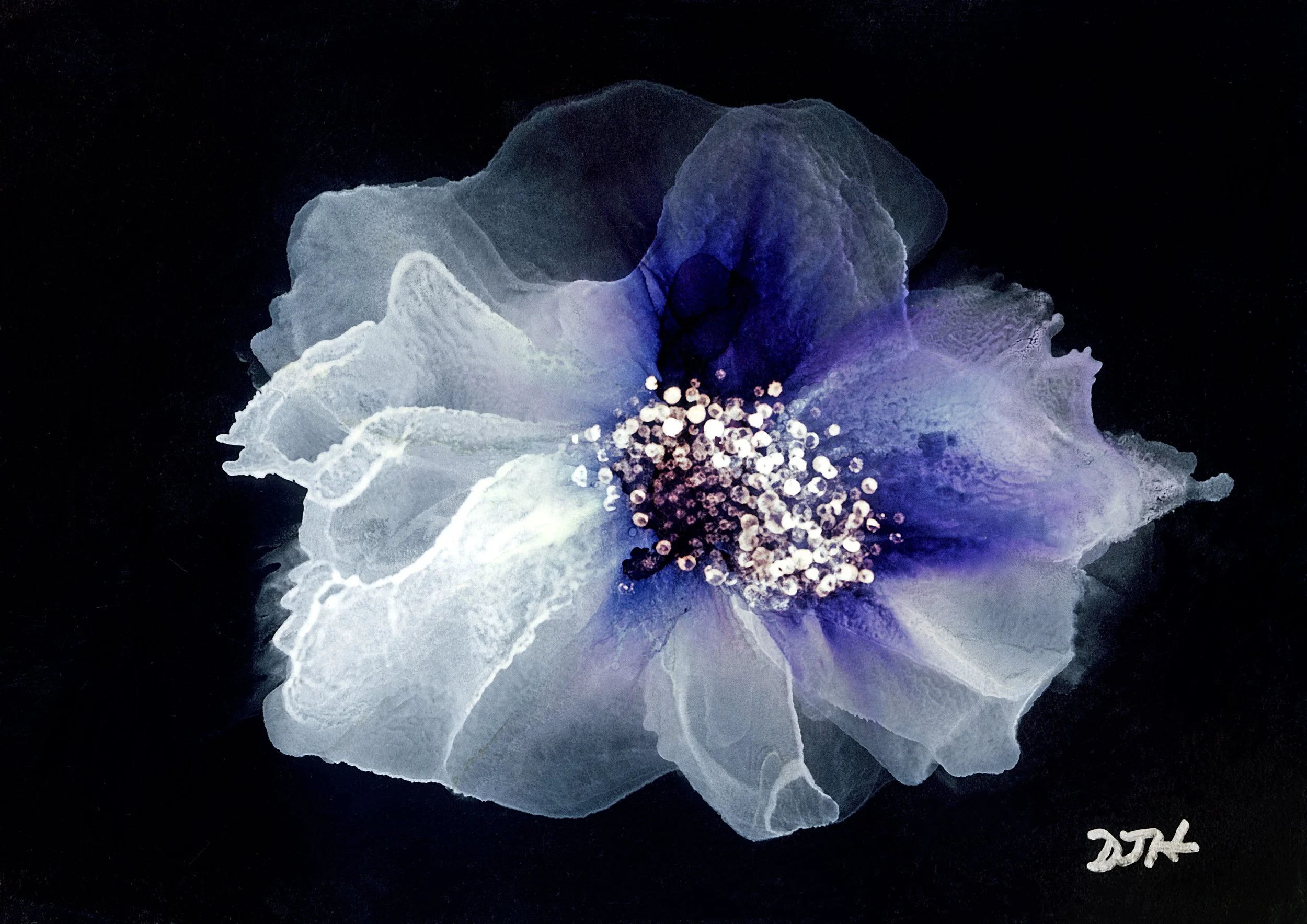 An abstract floral artwork with white and purple hues against a black background, featuring a cluster of small, glowing white circles at the center, and a signature at the bottom right corner.
