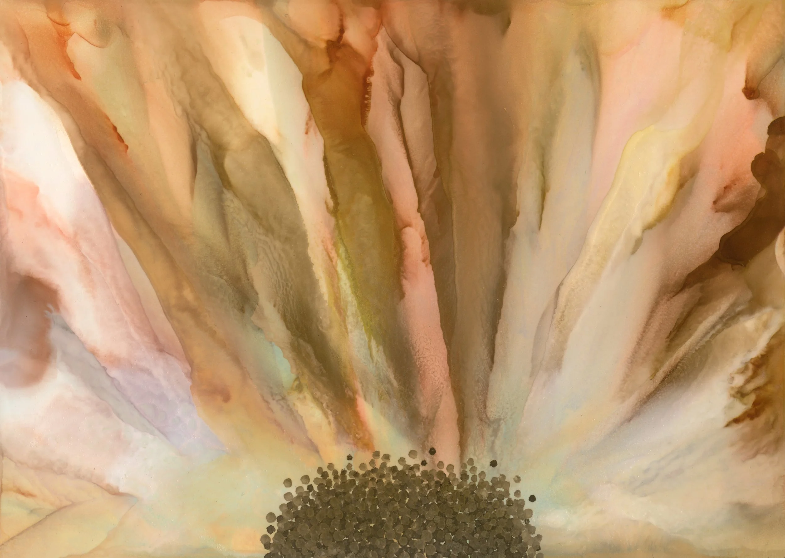 Abstract painting with flowing, marbled patterns in soft pastel shades of pink, cream, beige, and brown, with a cluster of small dark circles at the bottom.