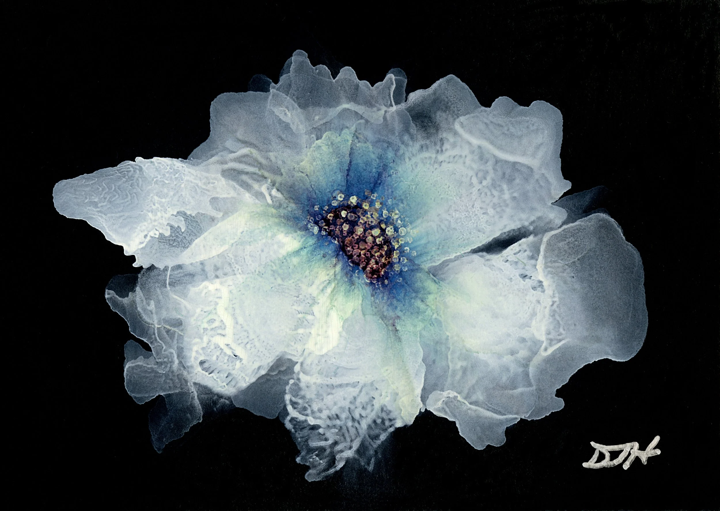 Abstract alcohol ink floral artwork featuring a luminous white flower with soft blue-gray details and delicate translucent petals against a black background.