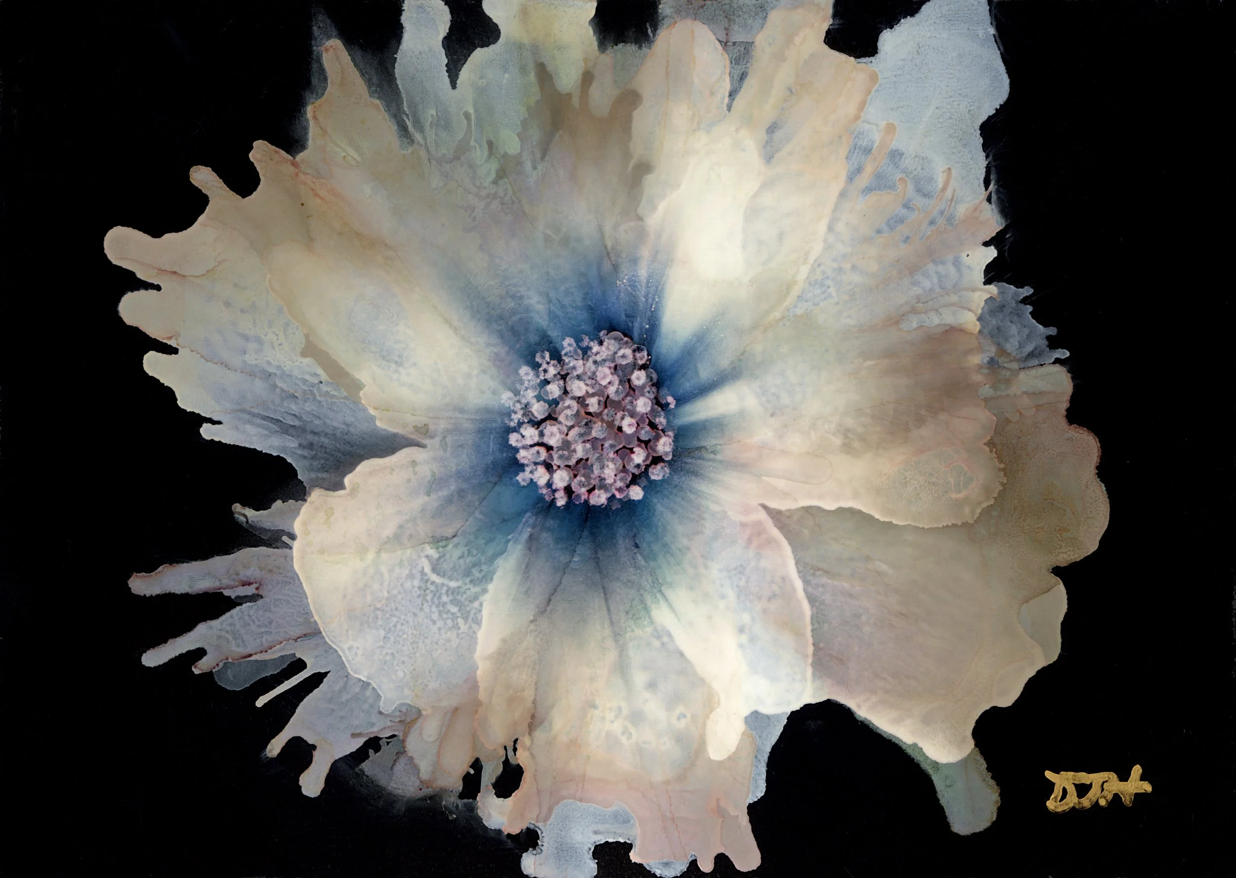 Abstract alcohol ink floral artwork featuring a luminous cream and soft blue flower with layered petals against a dramatic dark background.