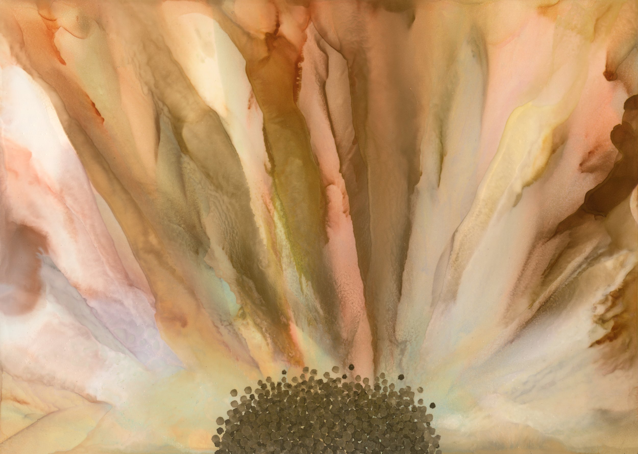 Abstract watercolor painting with swirls of pink, orange, yellow, and green, and a cluster of black dots near the bottom.