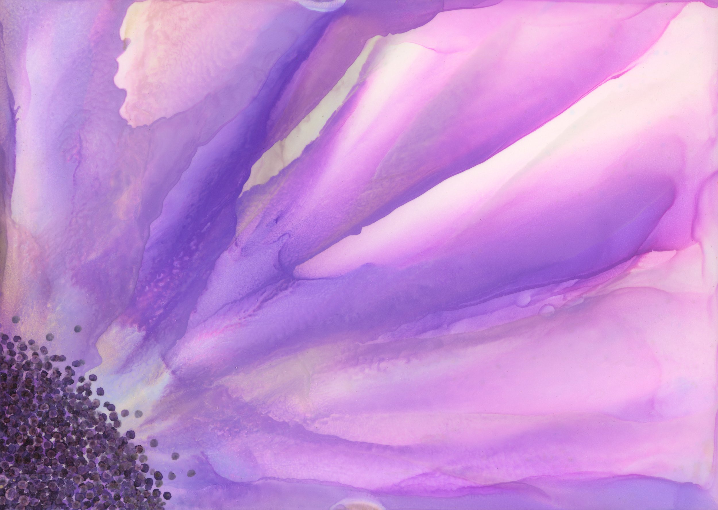 Abstract alcohol ink artwork in flowing shades of purple, lavender, and soft pink with layered organic forms and delicate dark details.