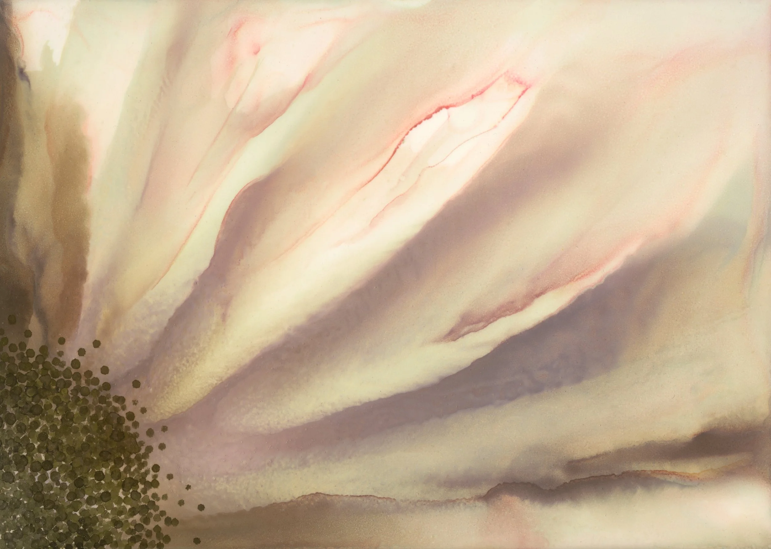 Abstract alcohol ink artwork in soft cream, beige, and warm golden tones with layered organic forms and delicate dark details.