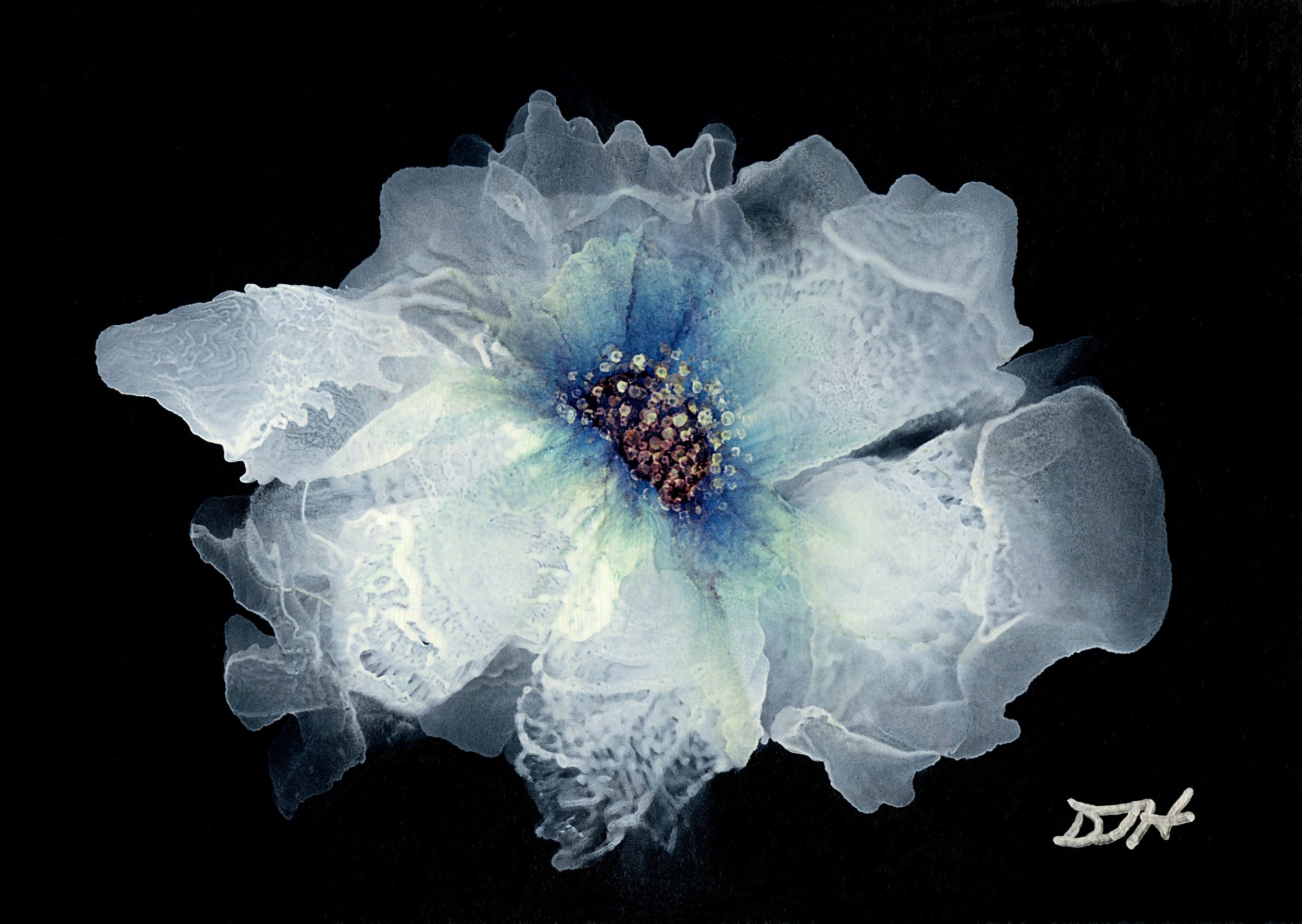 Peace Within original alcohol ink floral painting in soft white, blue, and green tones on a dark background, created by Winged Designs