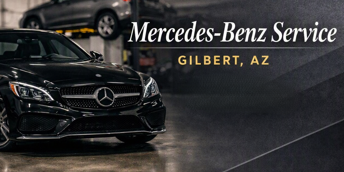 A black Mercedes-Benz car in a garage with the text 'Mercedes-Benz Service GILBERT, AZ' overlaid.