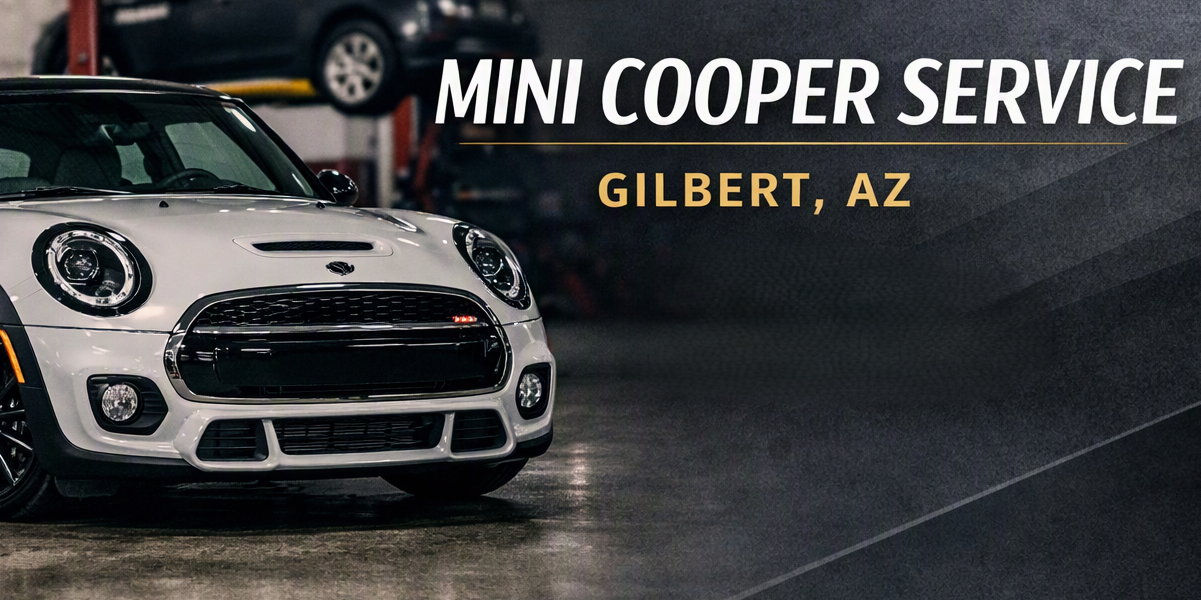 A white Mini Cooper car parked inside a garage or service area with the text 'MINI COOPER SERVICE GILBERT, AZ' overlaid.