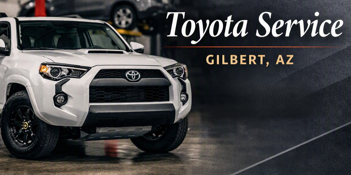 White Toyota SUV inside a car dealership, with the text 'Toyota Service Gilbert, AZ' on a dark background.