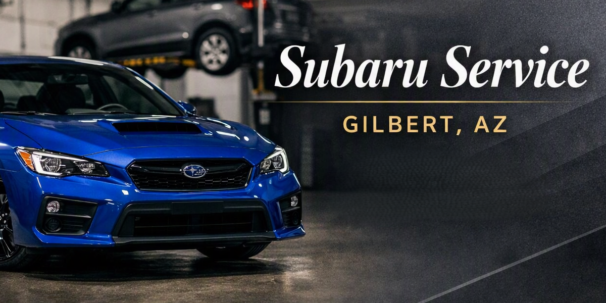 Blue Subaru car at a service center with a lift above a car in the background. Text reads 'Subaru Service' and 'Gilbert, AZ'.