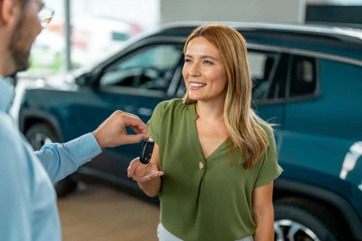 A woman with long red hair smiling as she receives car keys from a man in a dealership.