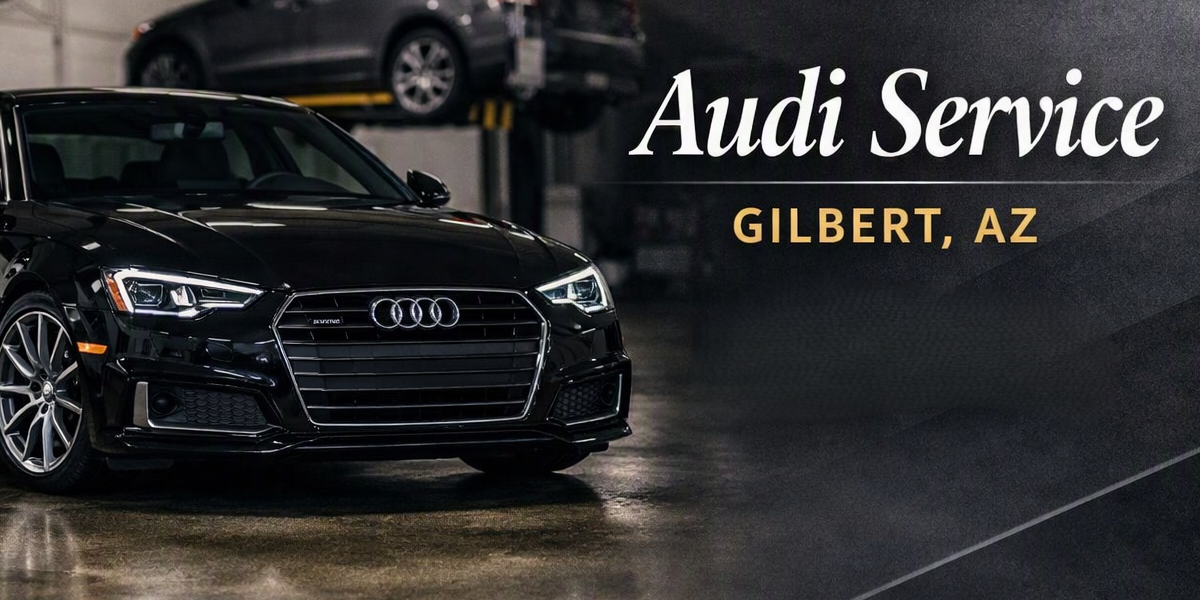 Black Audi car in an auto service garage with text reading "Audi Service GILBERT, AZ".