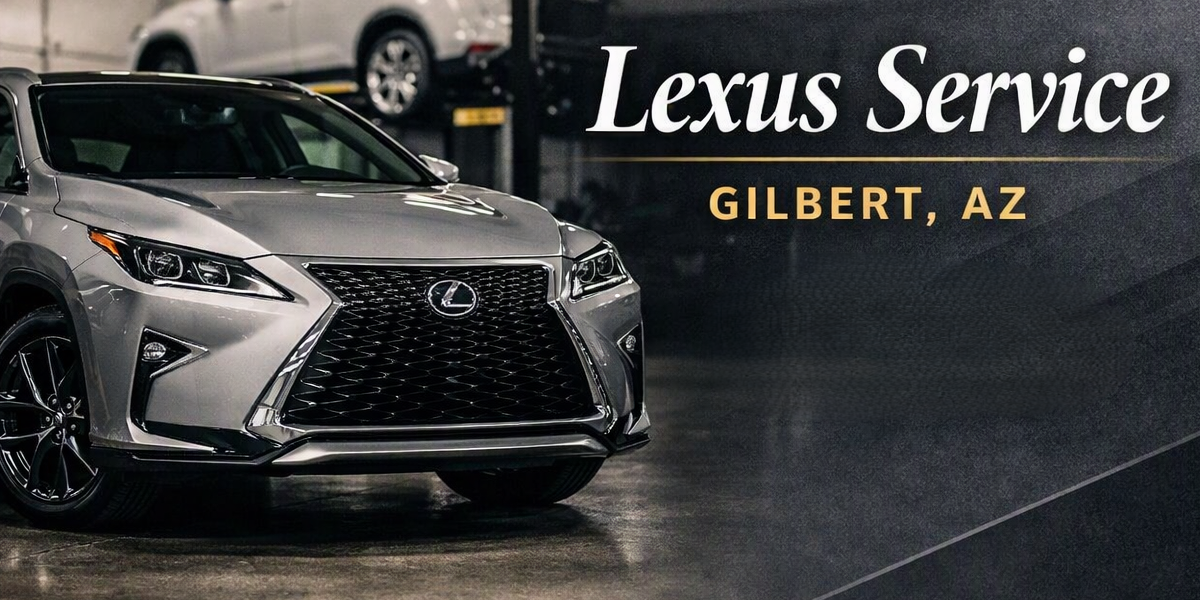 A shiny silver Lexus SUV inside a service garage, with a black background, and text that reads 'Lexus Service Gilbert, AZ'.