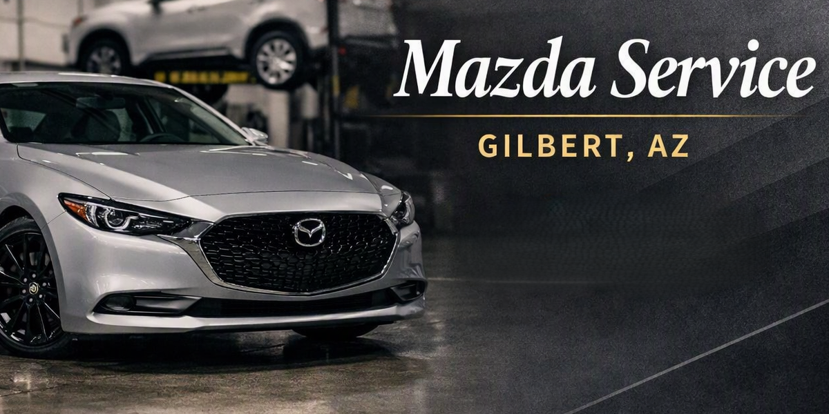 A silver Mazda sedan parked in a dealership with a black and yellow vehicle lifted in the background. Text overlay says 'Mazda Service Gilbert, AZ'.