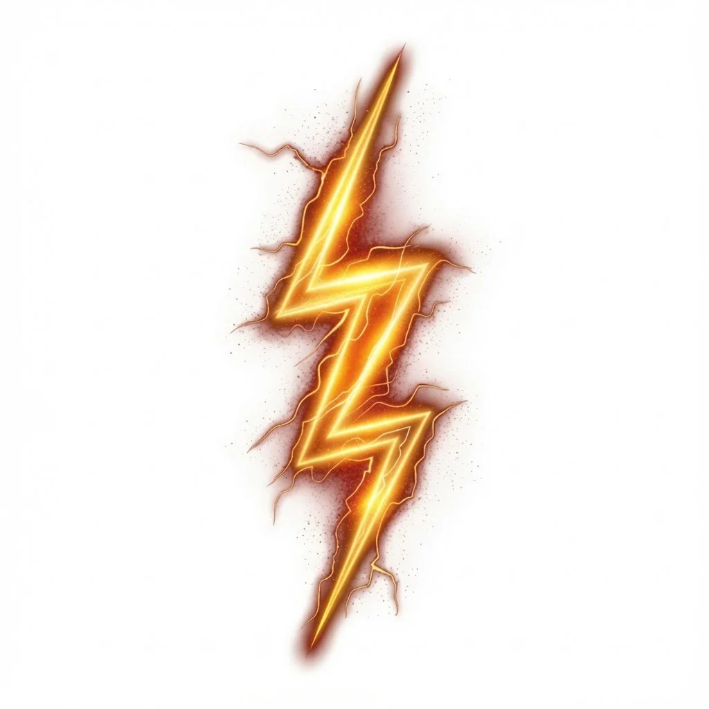 Neon lightning bolt with electrical sparks on a white background.
