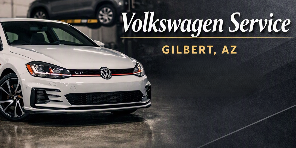 A white Volkswagen GT car parked in a showroom next to a sign that reads 'Volkswagen Service Gilbert, AZ' with model cars in the background.