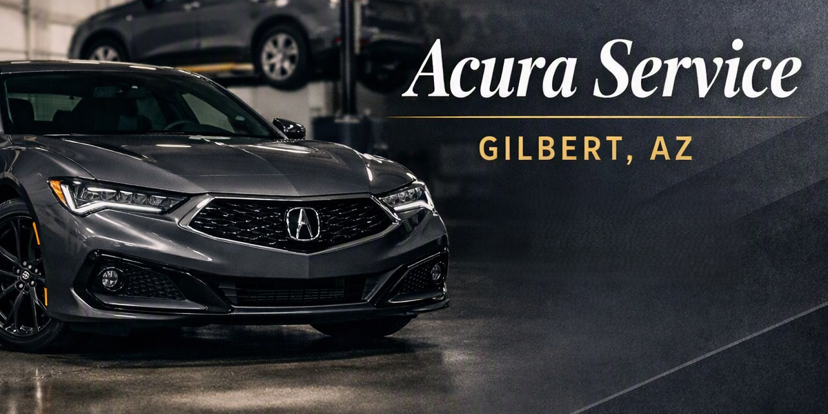 Gray Honda car in an indoor garage with a sign that reads 'Acura Service Gilbert AZ'.