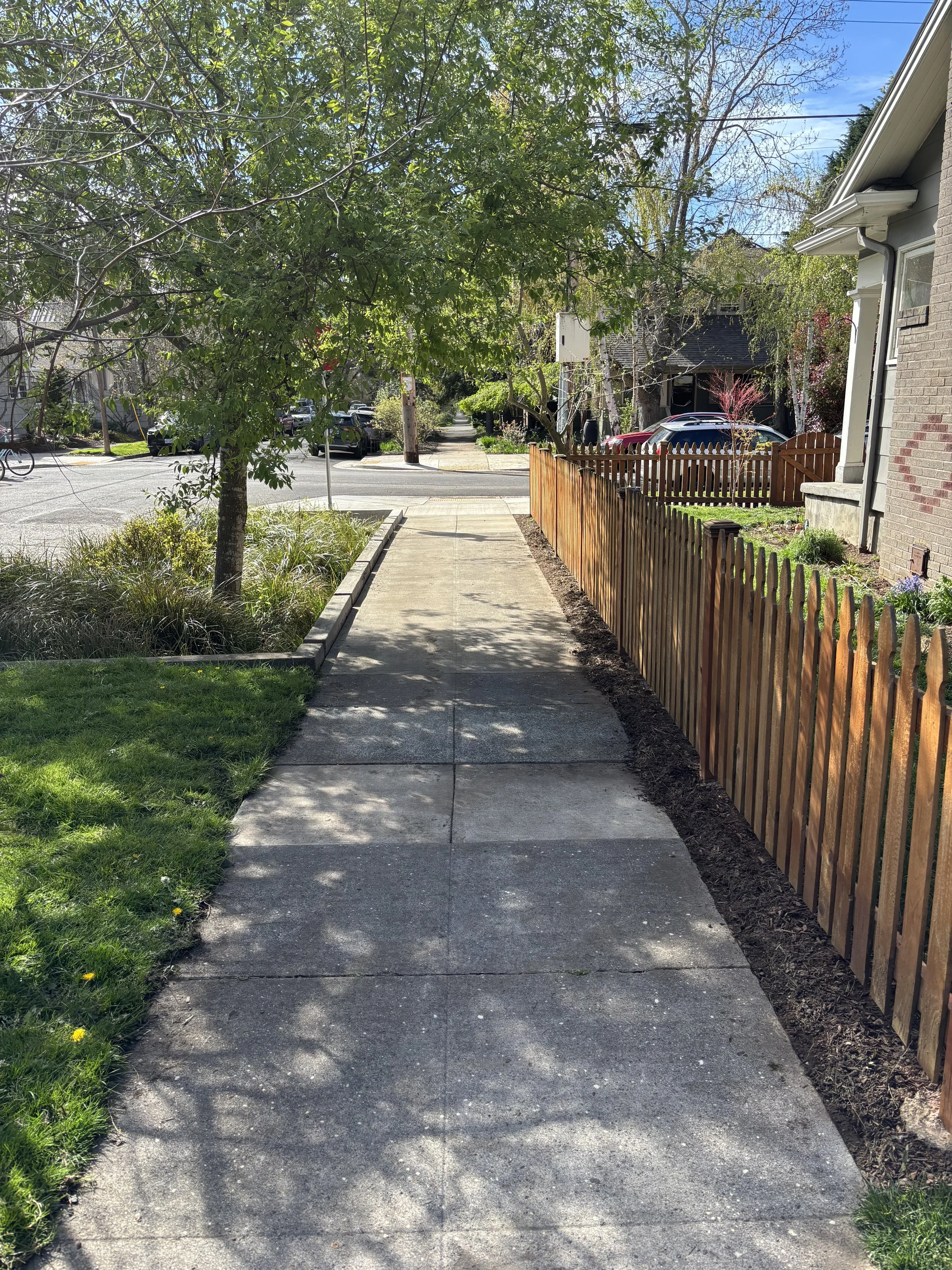 A clean residential sidewalk with a wooden fence on the right side and a small patch of grass with plants on the left side. Trees and houses line the street in the background, under a blue sky with some clouds.