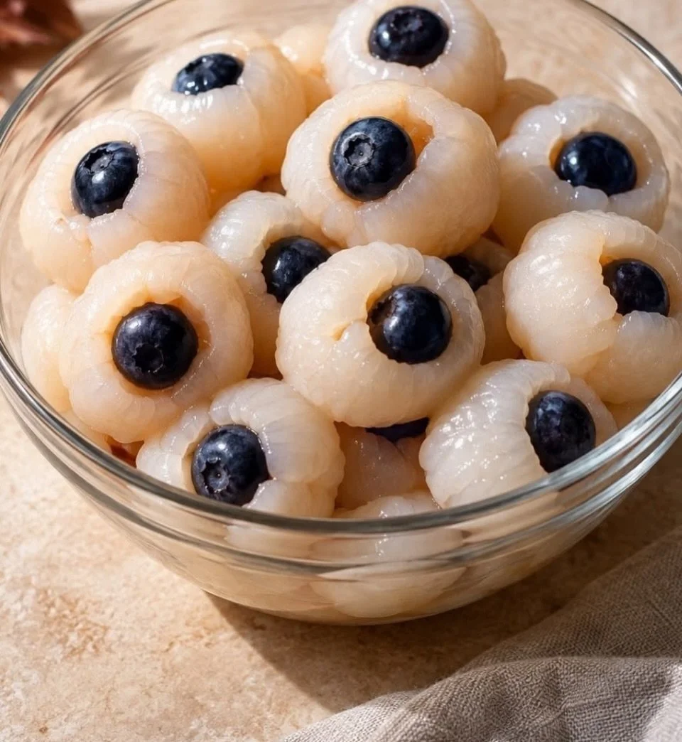 Eye see you! 👀🫐

A little spooky, a little juicy, and 100% edible. Who knew lychees could be this creepy cute? 🎃

Halloween, but make it fruity. 🍒🕸️

Spooky Halloween eyeballs 👌🏻

Blueberry 🫐 
lychees 
3 tbsp Raspberry optional