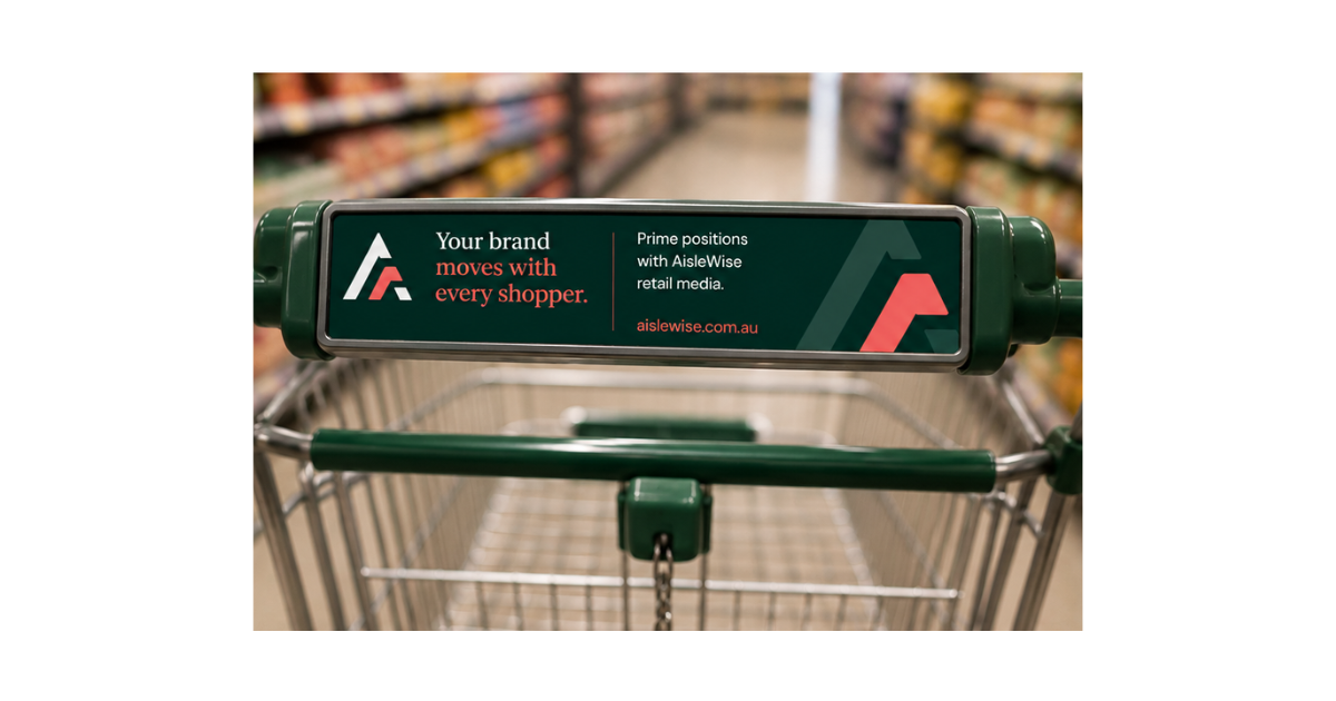 Green shopping basket with a label that reads 'Your brand goes here,' and the text 'Stay top of mind with shoppers from the first aisle to the last.' AisleWise logo and website URL.