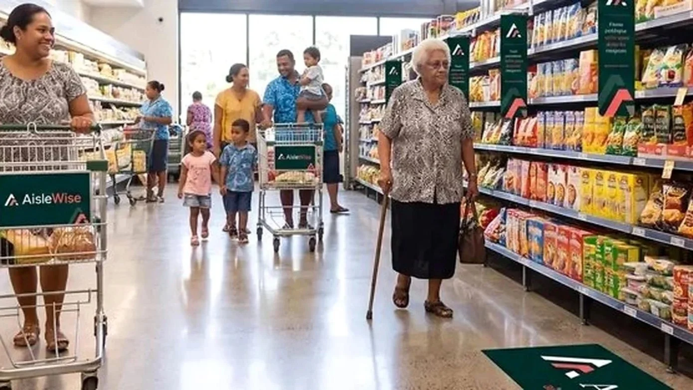People shopping in a grocery store aisle, including a senior woman with a cane, a family with small children, and other shoppers browsing shelves of packaged food items.