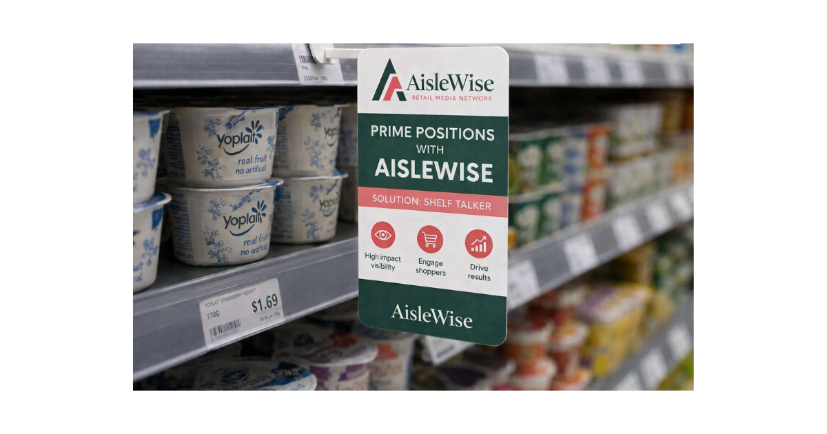 Sign attached to a grocery store shelf promoting AisleWise Shelf Talker solutions for prime product positioning, highlighting high impact visibility, engaging shoppers, and driving results.
